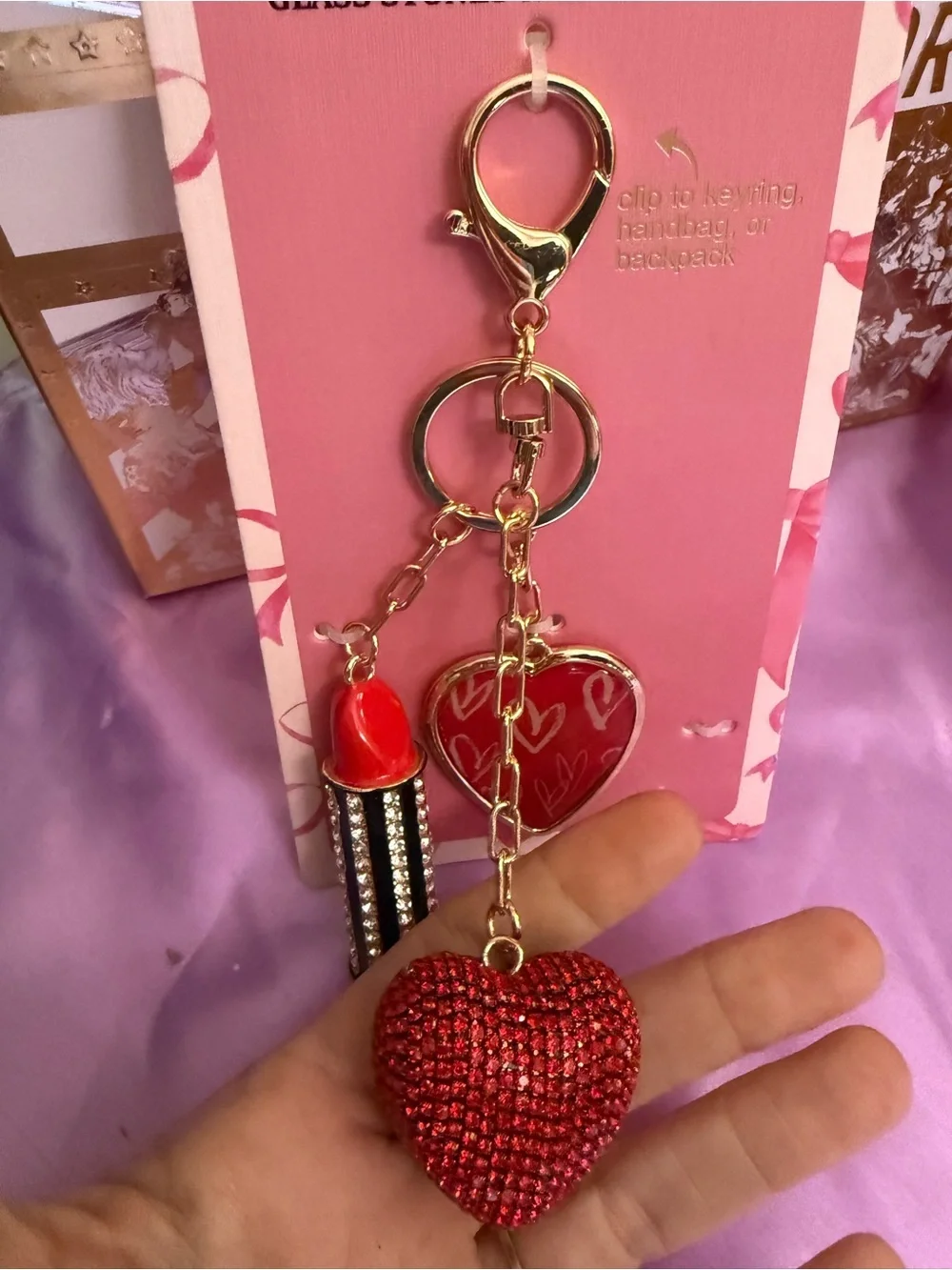 Piper K Red Heart & Lipstick Bag Charm Key Chain